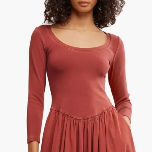 FREE PEOPLE AELIA LONG SLEEVE MIDI DRESS RUST LARGE - Picture 3 of 4